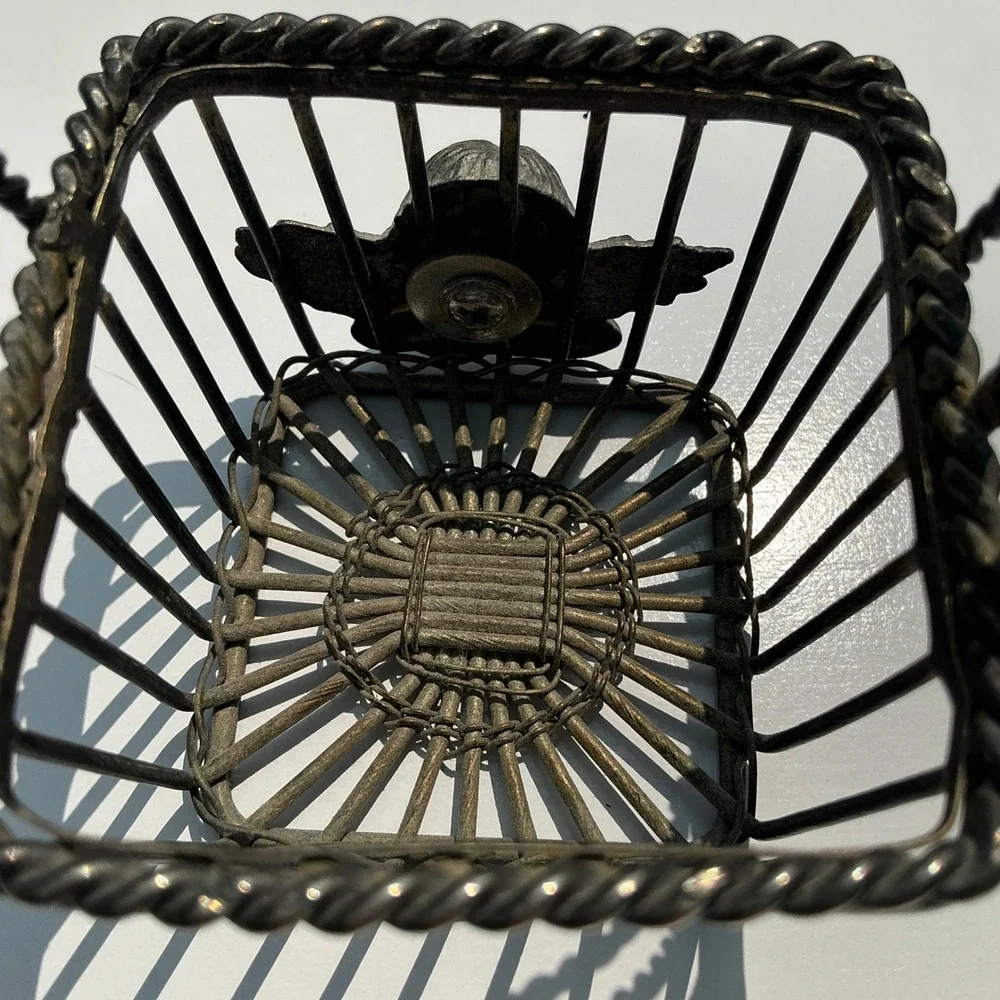 Vintage Silver Tone Cherub Wire Basket Mini Decorative Trinket Holder Angel
